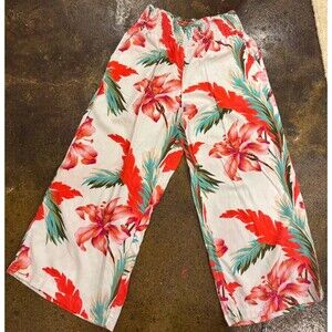 Tahari Linen Wide Leg Pants Size L Pull On Floral Elastic Waist Flowy Tropical